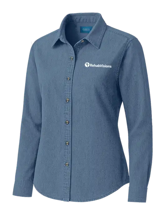 Womens Long Sleeve Light Blue Denim Shirt
 w/RehabVisions POST Logo