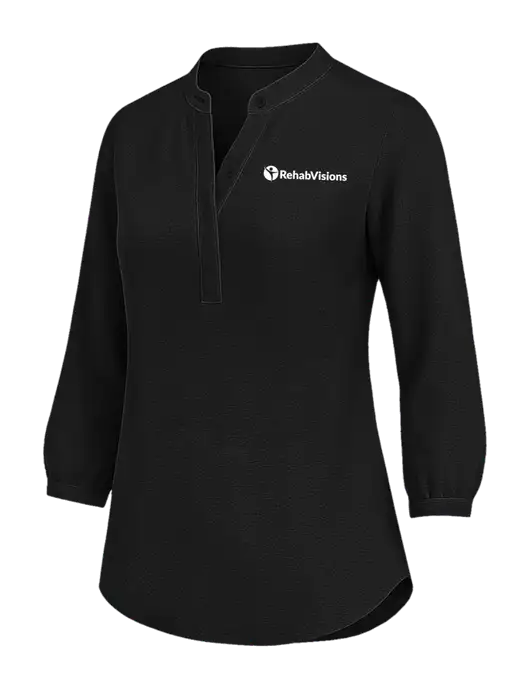 Womens Three Quarter-Sleeve Textured Black Crepe Tunic w/RehabVisions POST Logo