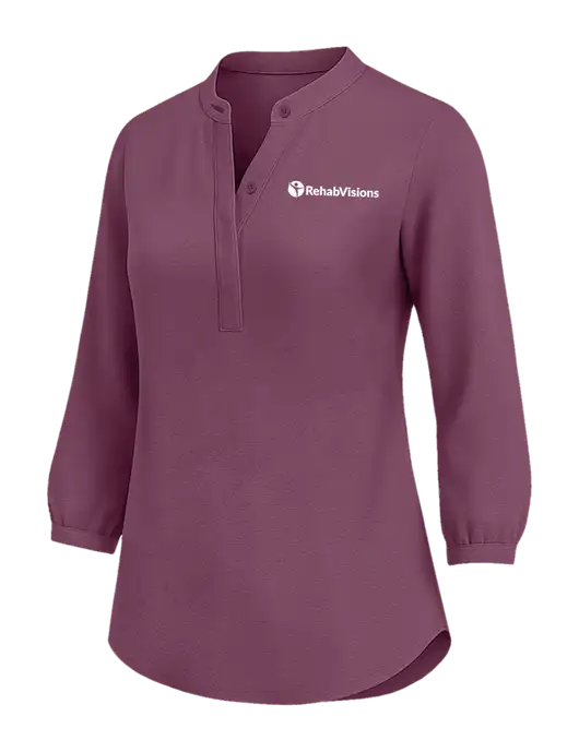 Womens Three Quarter-Sleeve Textured Purple Crepe Tunic w/RehabVisions POST Logo