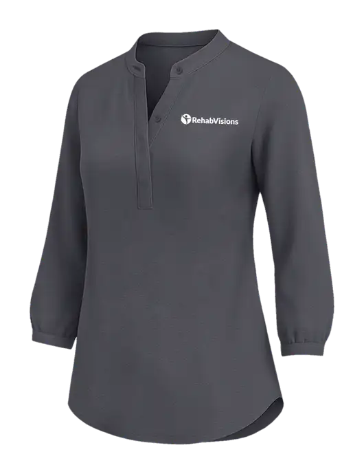Womens Three Quarter-Sleeve Textured Dark Grey Crepe Tunic w/RehabVisions POST Logo
