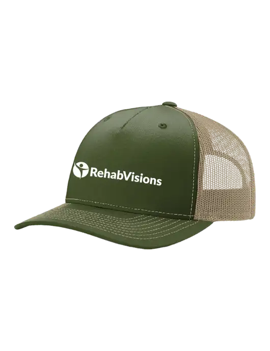 Richardson Five-Panel Trucker Medium Dark Olive/Tan Mesh Cap  w/RehabVisions POST Logo