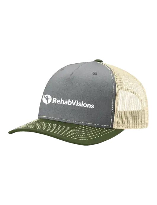 Richardson Five-Panel Trucker Olive/ Light Grey Heather w/Tan Mesh Cap  w/RehabVisions POST Logo