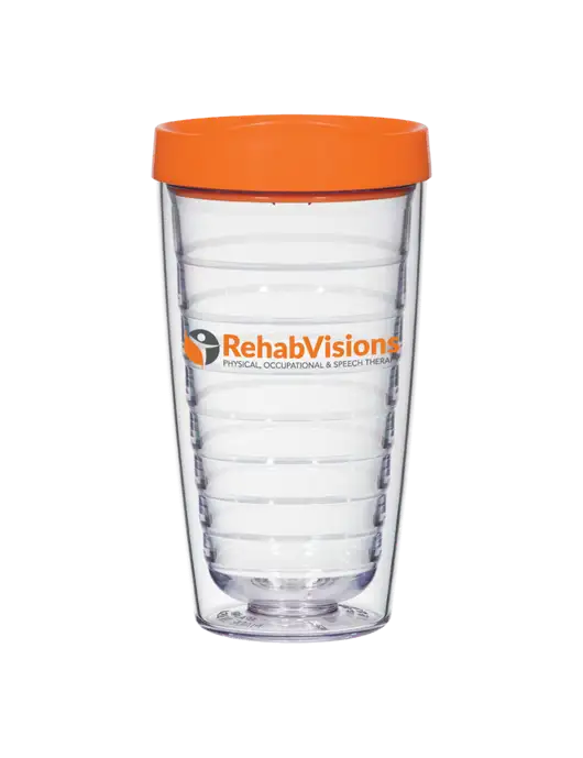 16 oz Trivex Double Wall Tumbler with Orange Travel Lid w/RehabVisions POST Logo