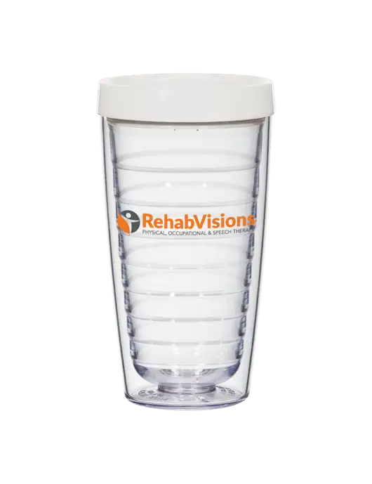 16 oz Trivex Double Wall Tumbler with White Travel Lid w/RehabVisions POST Logo