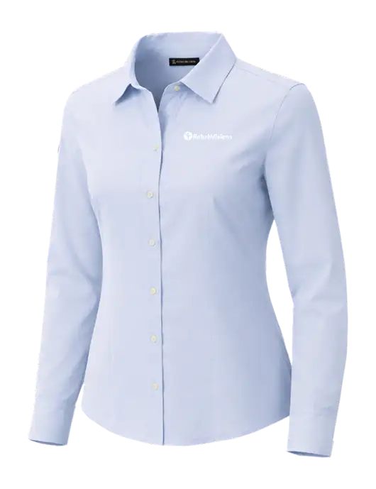 Brooks Brothers Womens Full-Button Light Blue Satin Blouse w/RehabVisions POST Logo