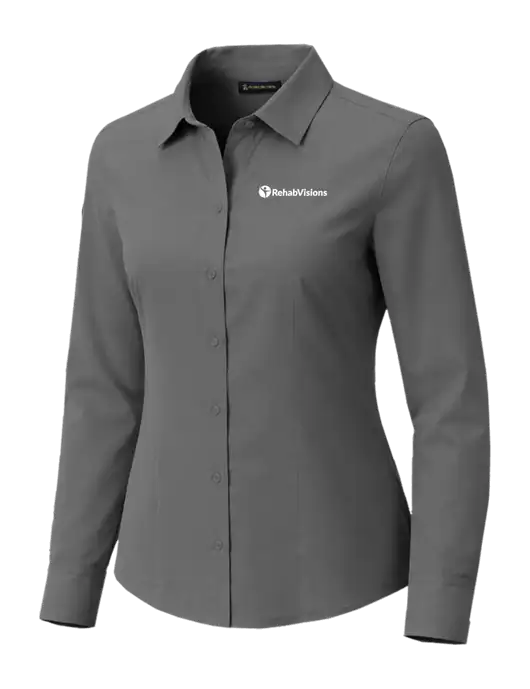 Brooks Brothers Womens Full-Button Dark Medium Grey Satin Blouse w/RehabVisions POST Logo