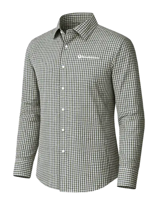 Brooks Brothers Tech Stretch Charcoal Grey Check Patterned Shirt w/RehabVisions POST Logo