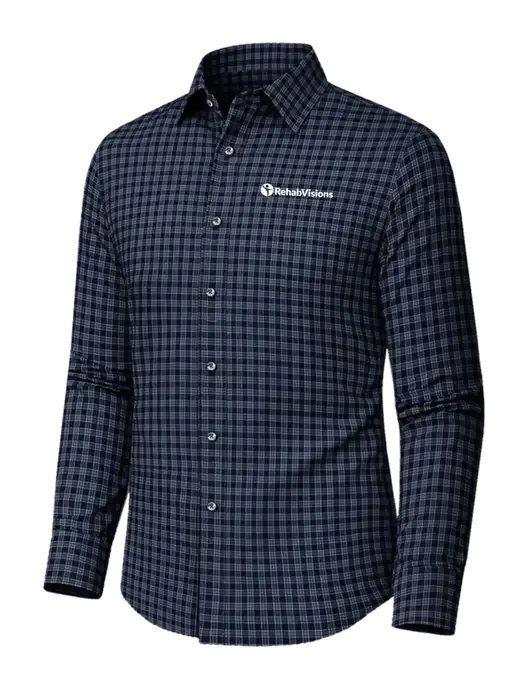 Brooks Brothers Tech Stretch Dark Navy / White Grid Check Patterned Shirt w/RehabVisions POST Logo