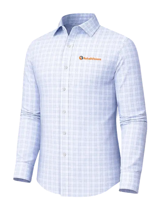 Brooks Brothers Tech Stretch White/ Light Blue Grid Check Patterned Shirt w/RehabVisions POST Logo