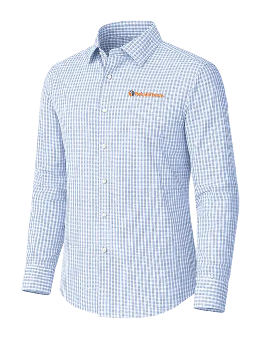 Brooks Brothers Tech Stretch Light Blue Fine Check Patterned Shirt w/RehabVisions POST Logo