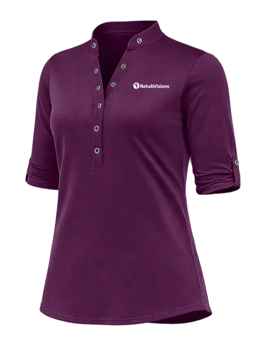 OGIO Womens Crush Henley Purple Plum 3/4 Sleeve Shirt w/RehabVisions POST Logo