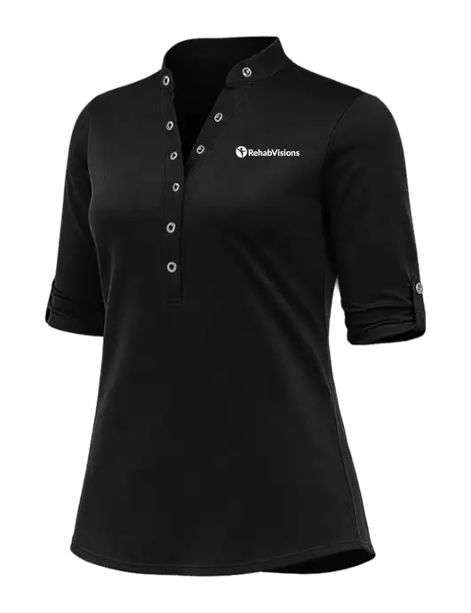 OGIO Womens Crush Henley Black 3/4 Sleeve Shirt w/RehabVisions POST Logo