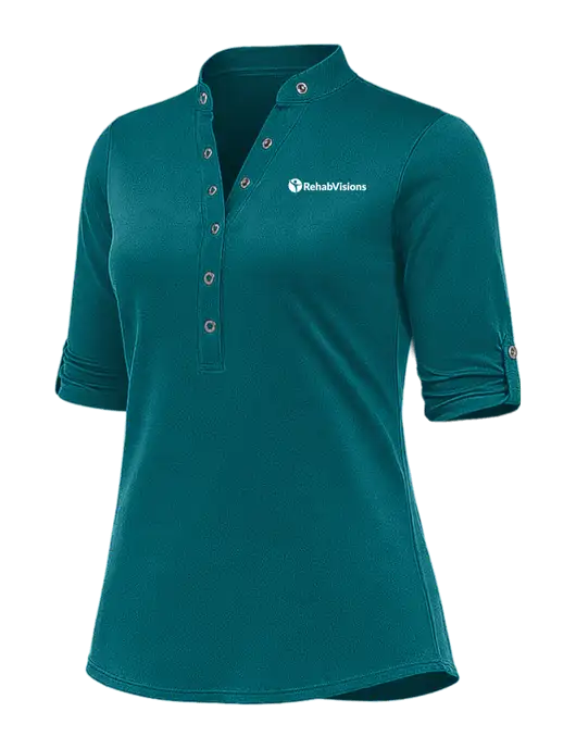 OGIO Womens Crush Henley Teal 3/4 Sleeve Shirt w/RehabVisions POST Logo