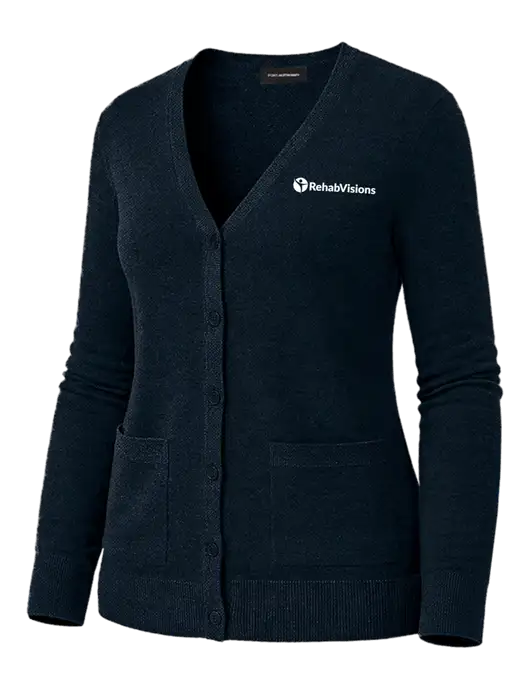 Womens Dark Navy Washable V-neck Cardigan Sweater w/RehabVisions POST Logo