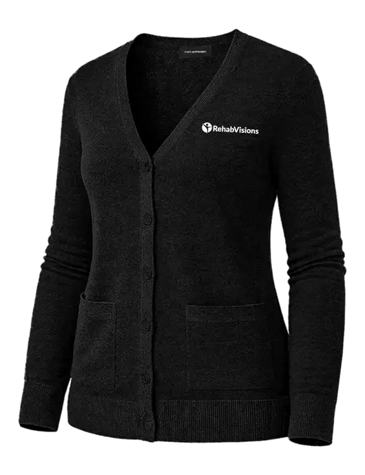 Womens Black Washable V-neck Cardigan Sweater w/RehabVisions POST Logo