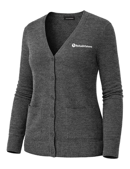 Womens Charcoal Heather Washable V-neck Cardigan Sweater w/RehabVisions POST Logo