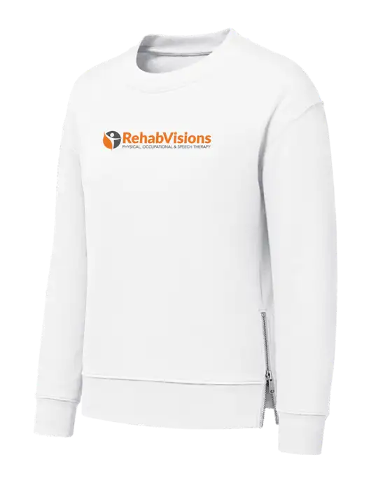 Womens White Dual Side Zippers Crewneck w/RehabVisions POST Logo