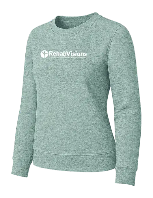Womens Sage Green Heather Loft Crewneck Sweatshirt w/RehabVisions POST Logo