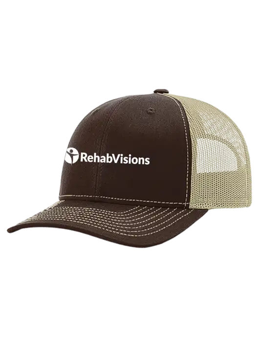 Richardson 112+ R-Flex Dark Brown Trucker Cap w/Tan Mesh w/RehabVisions POST Logo
