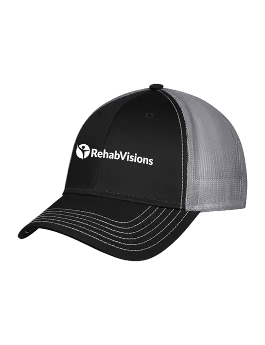 Black/Medium Dark Grey Mesh Trucker Cap Snap Back w/RehabVisions POST Logo