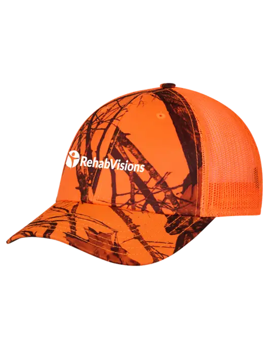 Blaze/Neon Orange Mossy Oak Camo Mesh Trucker Cap Snap Back w/RehabVisions POST Logo