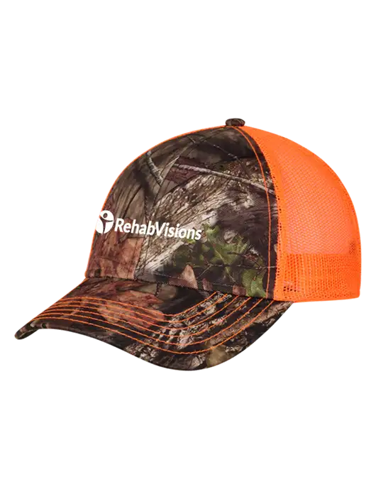Country Orange Mossy Oak Camo Mesh Trucker Cap Snap Back w/RehabVisions POST Logo