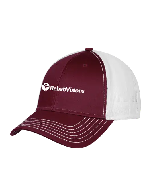 Maroon/Maroon/White Mesh Trucker Cap Snap Back w/RehabVisions POST Logo