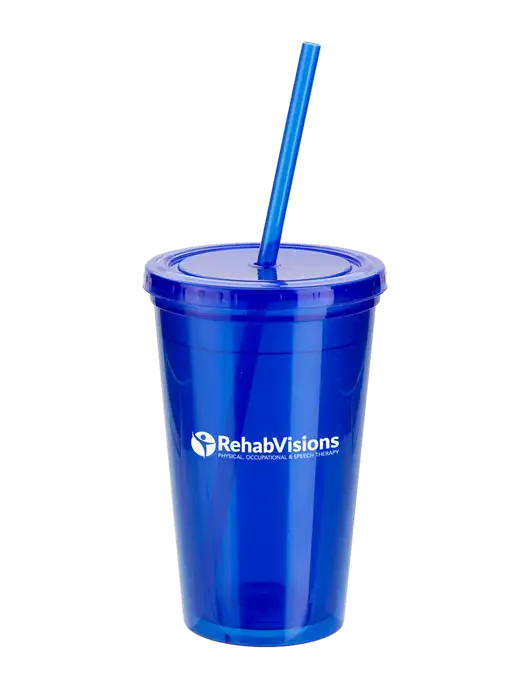 Sorrento Blue 16 oz Tumbler with Lid & Straw w/RehabVisions POST Logo