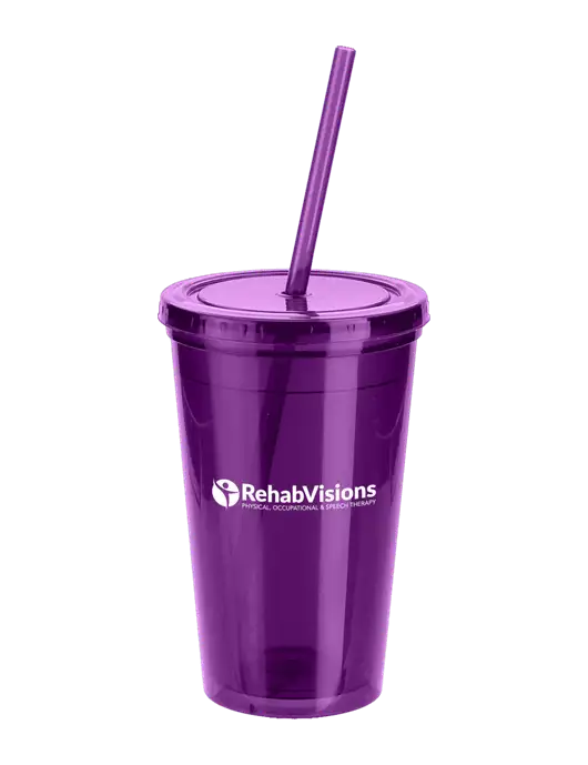 Sorrento Purple 16 oz Tumbler with Lid & Straw w/RehabVisions POST Logo