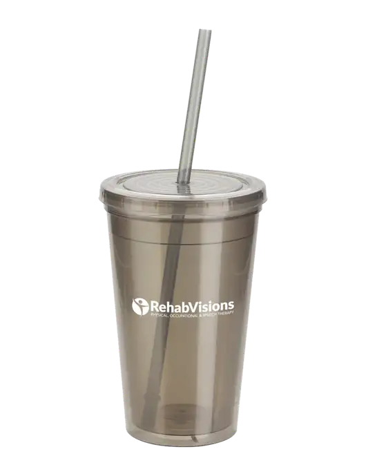 Sorrento Medium Grey 16 oz Tumbler with Lid & Straw w/RehabVisions POST Logo