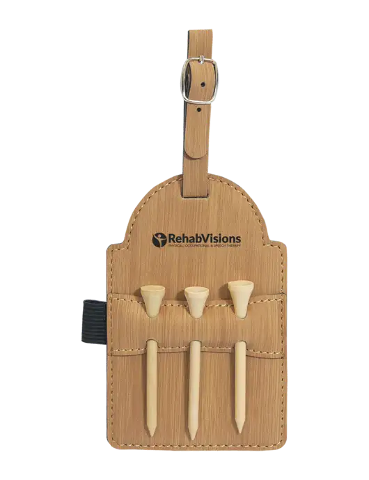 Bamboo Leatherette Golf Bag Tag with 3 Wooden Tees w/RehabVisions POST Logo