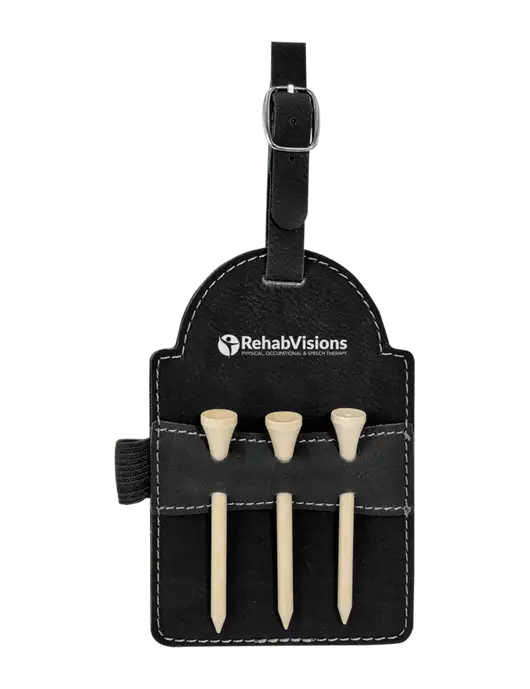 Black Leatherette Golf Bag Tag with 3 Wooden Tees w/RehabVisions POST Logo
