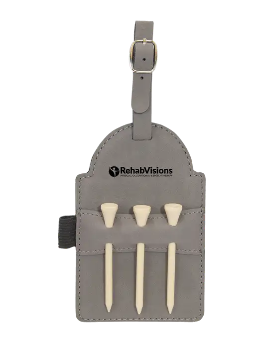 Grey Leatherette Golf Bag Tag with 3 Wooden Tees w/RehabVisions POST Logo