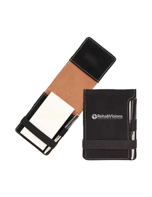 Black Leatherette Mini Notepad with Pen,  3.25 x 4.75 w/RehabVisions POST Logo