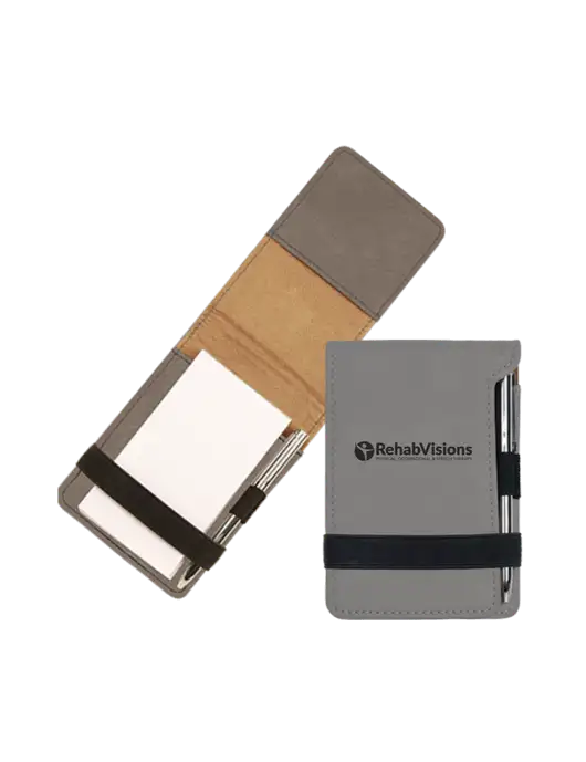 Grey Leatherette Mini Notepad with Pen,  3.25 x 4.75 w/RehabVisions POST Logo