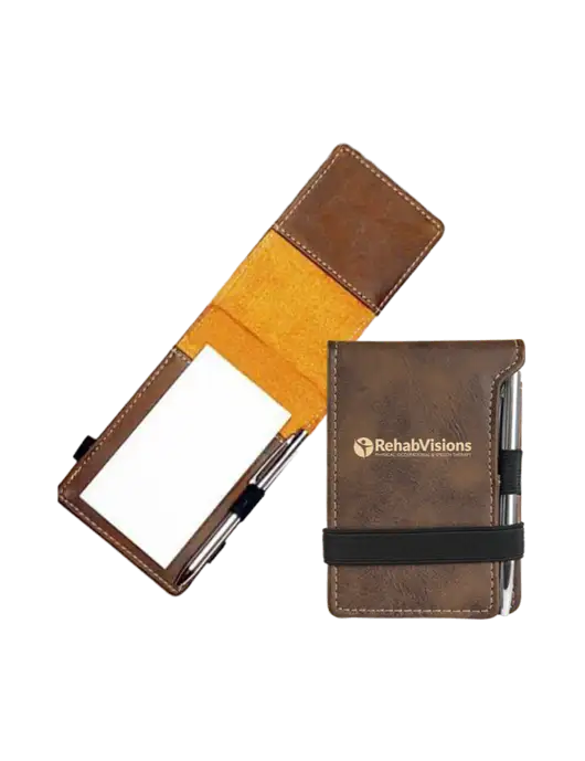Rustic Leatherette Mini Notepad w/Pen, 3.25 x 4.75 w/RehabVisions POST Logo