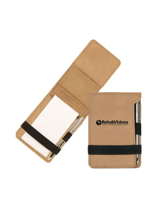 Tan Leatherette Mini Notepad with Pen,  3.25 x 4.75 w/RehabVisions POST Logo