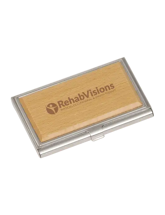 Wood & Silver Business Card Case w/RehabVisions POST Logo
