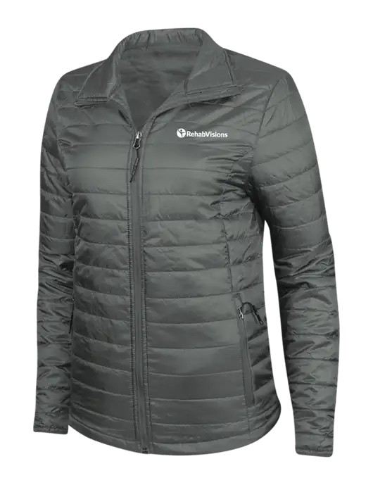 Dark Grey Womens Puffy Packable Jacket w/RehabVisions POST Logo