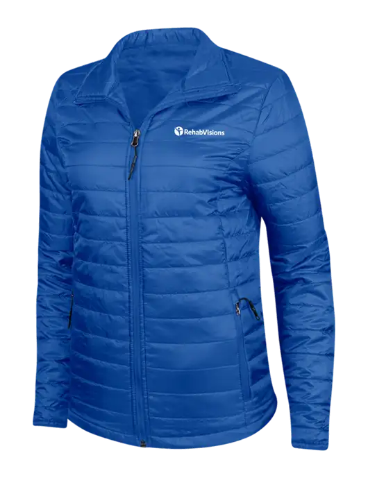 Dark Royal Blue Womens Puffy Packable Jacket w/RehabVisions POST Logo