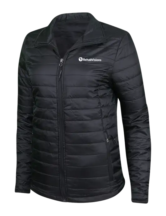 Womens Black Puffy Packable Jacket w/RehabVisions POST Logo