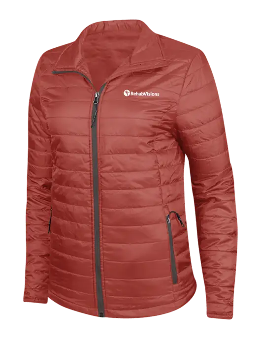 Dark Red Womens Puffy Packable Jacket w/RehabVisions POST Logo