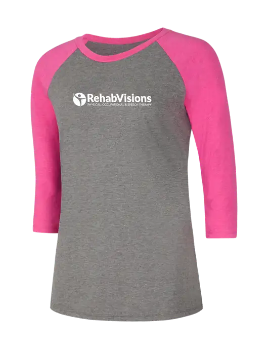 Womens Simply Soft 3/4 Sleeve Fuchsia Frost/Grey Frost Ring Spun Cotton T-Shirt w/RehabVisions POST Logo