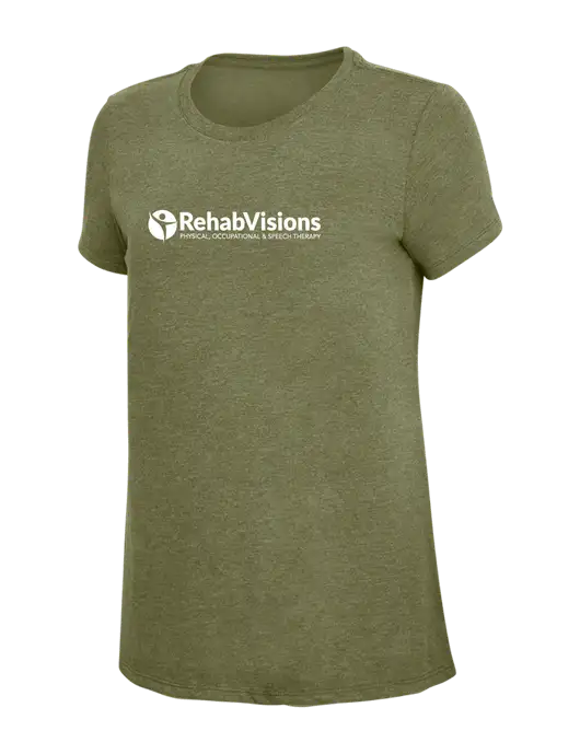 Womens Simply Soft Military Green Frost 4.5oz Poly/Combed Ring Spun Cotton T-Shirt
 w/RehabVisions POST Logo