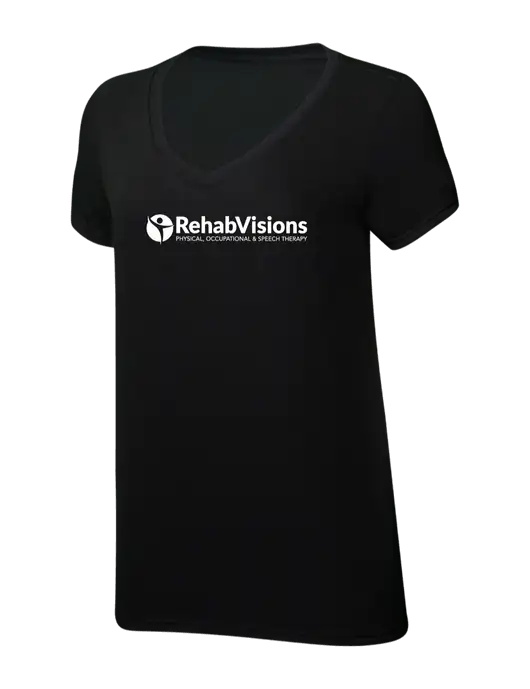 Womens Simply Soft V-Neck Black 4.5oz  Poly/Combed Ring Spun Cotton T-Shirt w/RehabVisions POST Logo