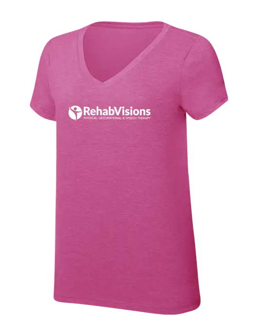 Womens Simply Soft V-Neck Fuschia Frost 4.5oz  Poly/Combed Ring Spun Cotton T-Shirt w/RehabVisions POST Logo