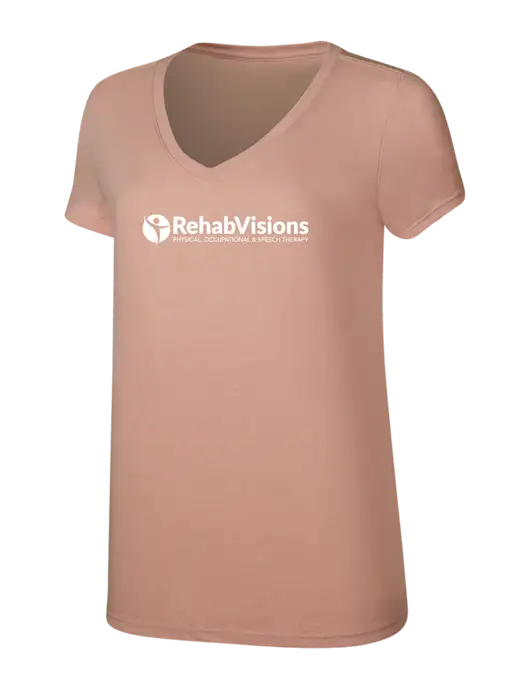 Womens Simply Soft V-Neck Heather Dusty Peach 4.5oz  Poly/Combed Ring Spun Cotton T-Shirt w/RehabVisions POST Logo