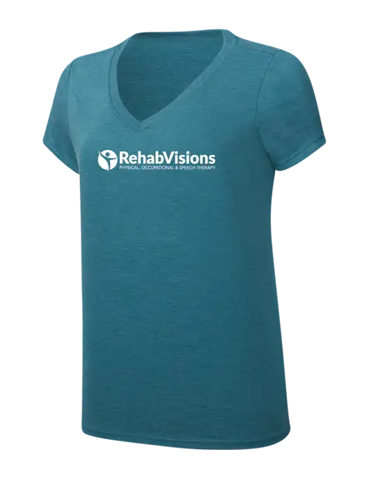 Womens Simply Soft V-Neck Heather Teal 4.5oz  Poly/Combed Ring Spun Cotton T-Shirt w/RehabVisions POST Logo