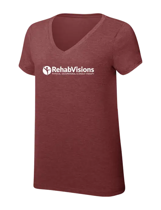 Womens Simply Soft V-Neck Maroon Frost 4.5oz  Poly/Combed Ring Spun Cotton T-Shirt w/RehabVisions POST Logo