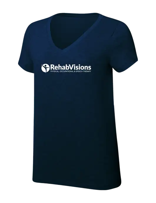 Womens Simply Soft V-Neck New Navy 4.5oz  Poly/Combed Ring Spun Cotton T-Shirt w/RehabVisions POST Logo